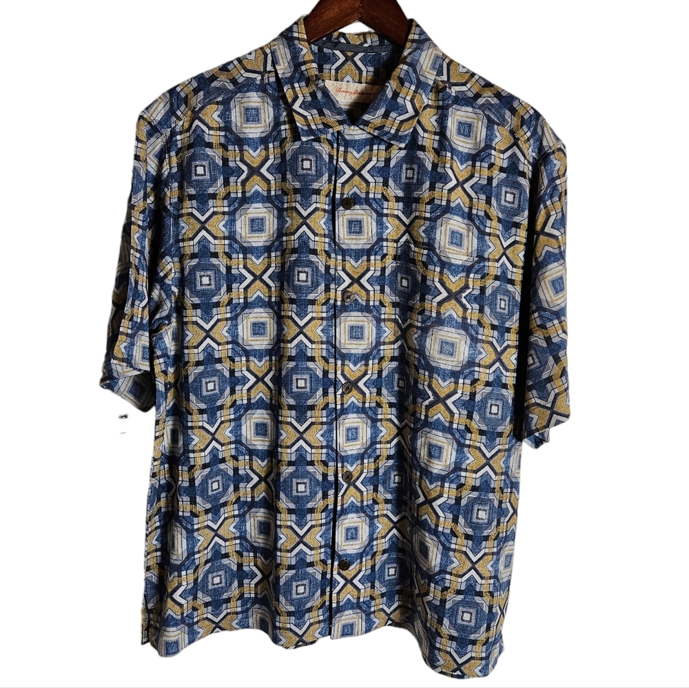 Tommy Bahama Silk ? Blue Yellow Geometric Print Button Up Camp Shirt Size XL ?